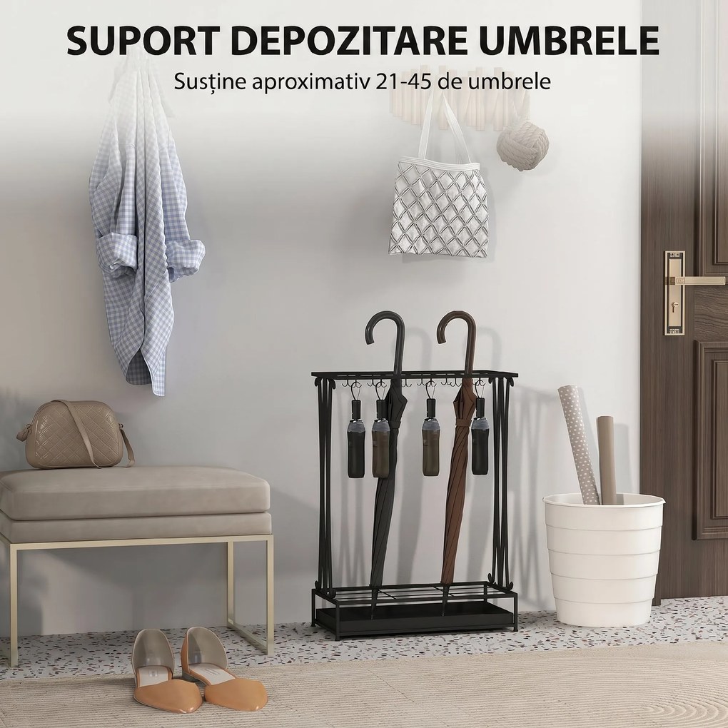 HOMCOM Suport pentru Umbrele din Oțel cu Tavă de Scurgere Detașabilă, 50x24x68 cm, Negru | Aosom Romania