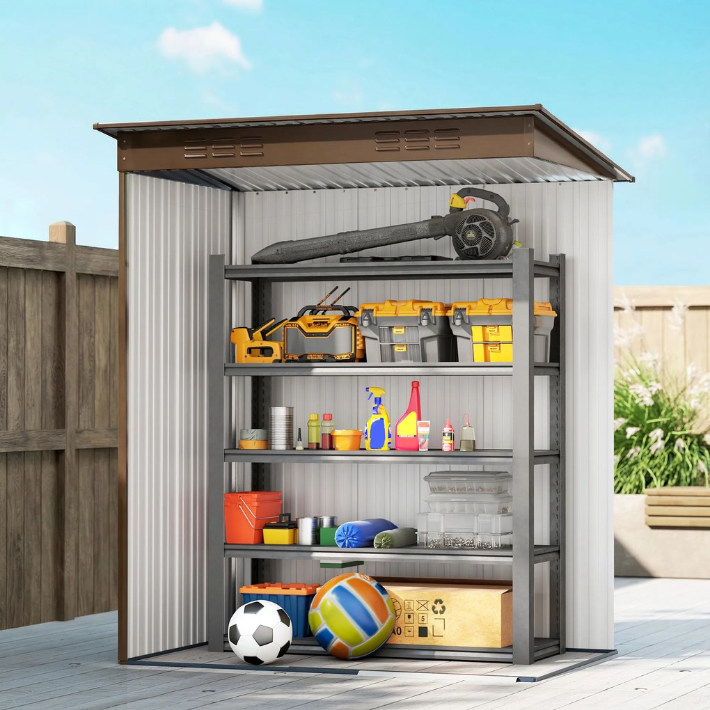 Outsunny Căsuță de Grădină 1.37m² din Metal, Montaj Ușor, Căsuță pentru Unelte de Grădină cu Orificii de Aerisire, Ușă Glisantă, Acoperiș Înclinat și Mănuși, 159x106x181 cm, Maro | Aosom Romania