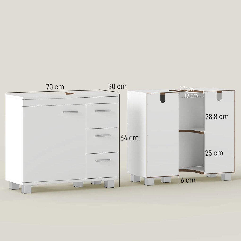HOMCOM Dulap Sub Lavoar pentru Baie cu Ușă Amortizată și 3 Sertare, Decupaj în Formă de U și Rafturi, Dulap Modern și Compact pentru Lavoare cu Piedestal sau Fără, Alb | Aosom Romania