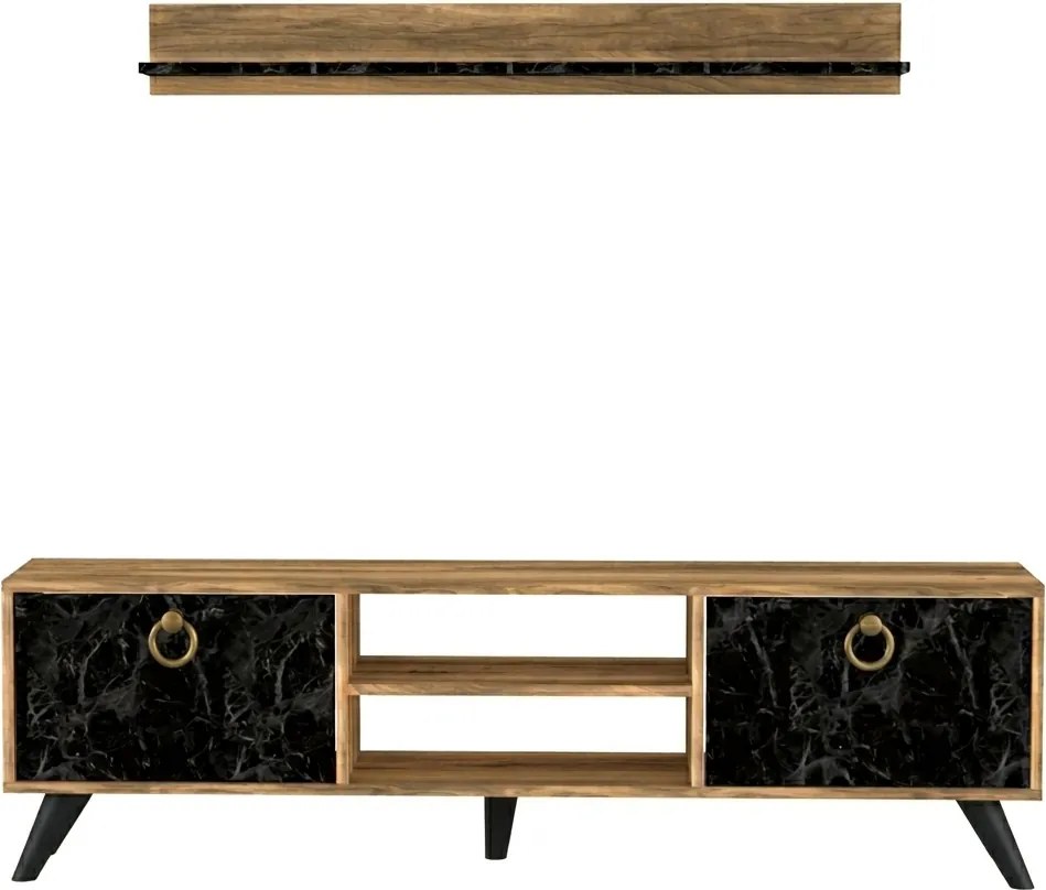 Comoda TV ZEN 160 cm cu polita de perete, decor nuc/marmura neagra