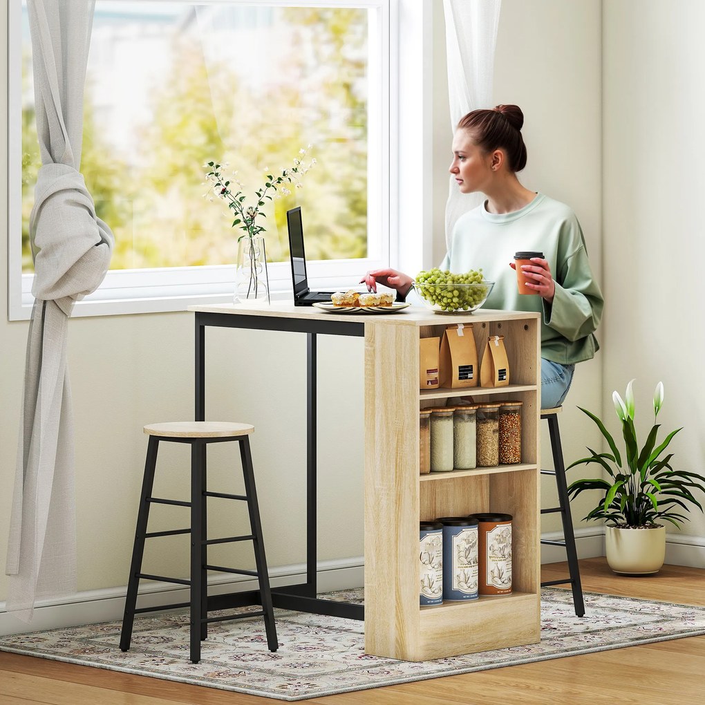 HOMCOM Set masă de bar cu tabureți, compartimente deschise, raft reglabil și suporturi pentru picioare, stejar și negru | Aosom Romania