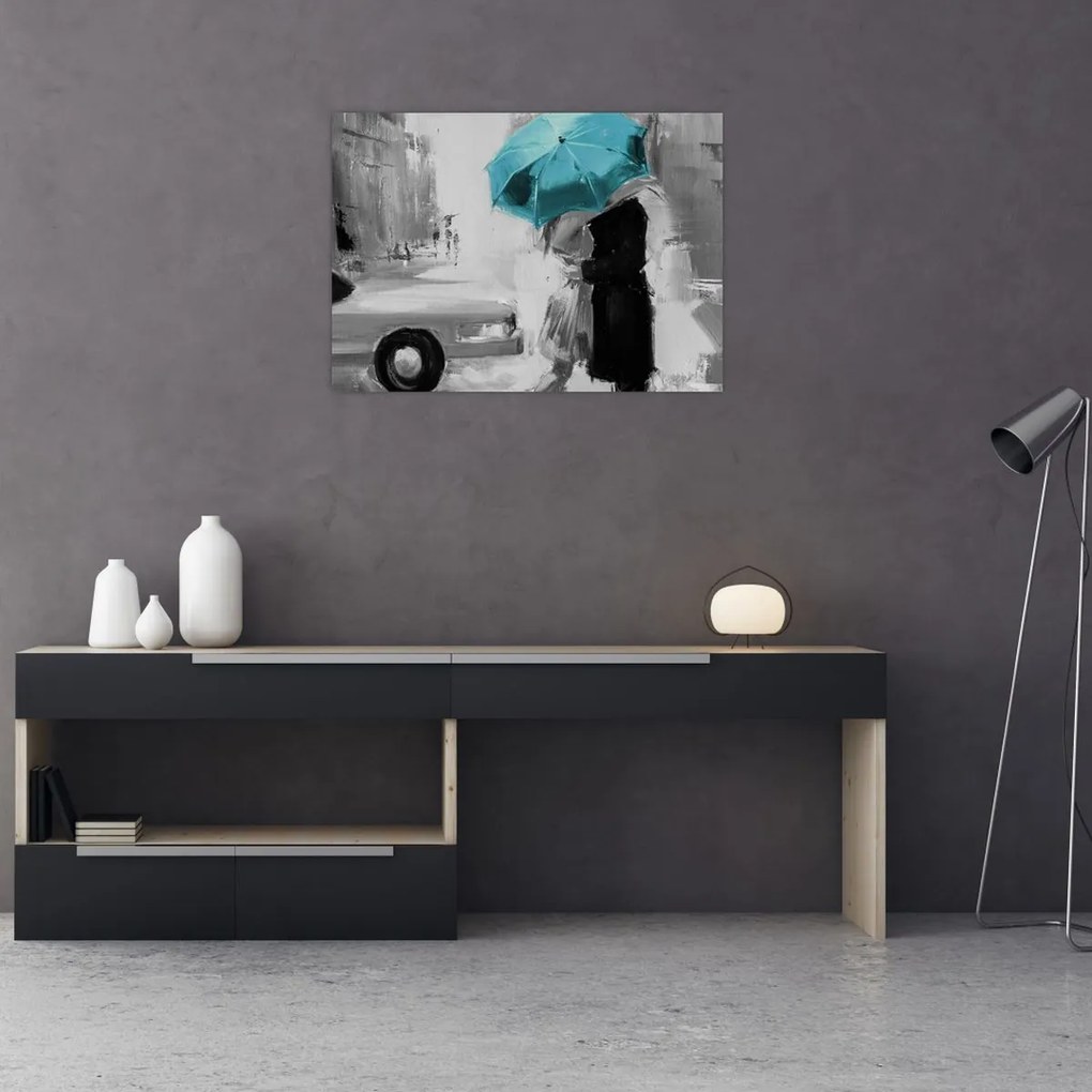 Tablou pe sticlă - Cuplu în dragoste cu umbrelă, albastru (70x50 cm)