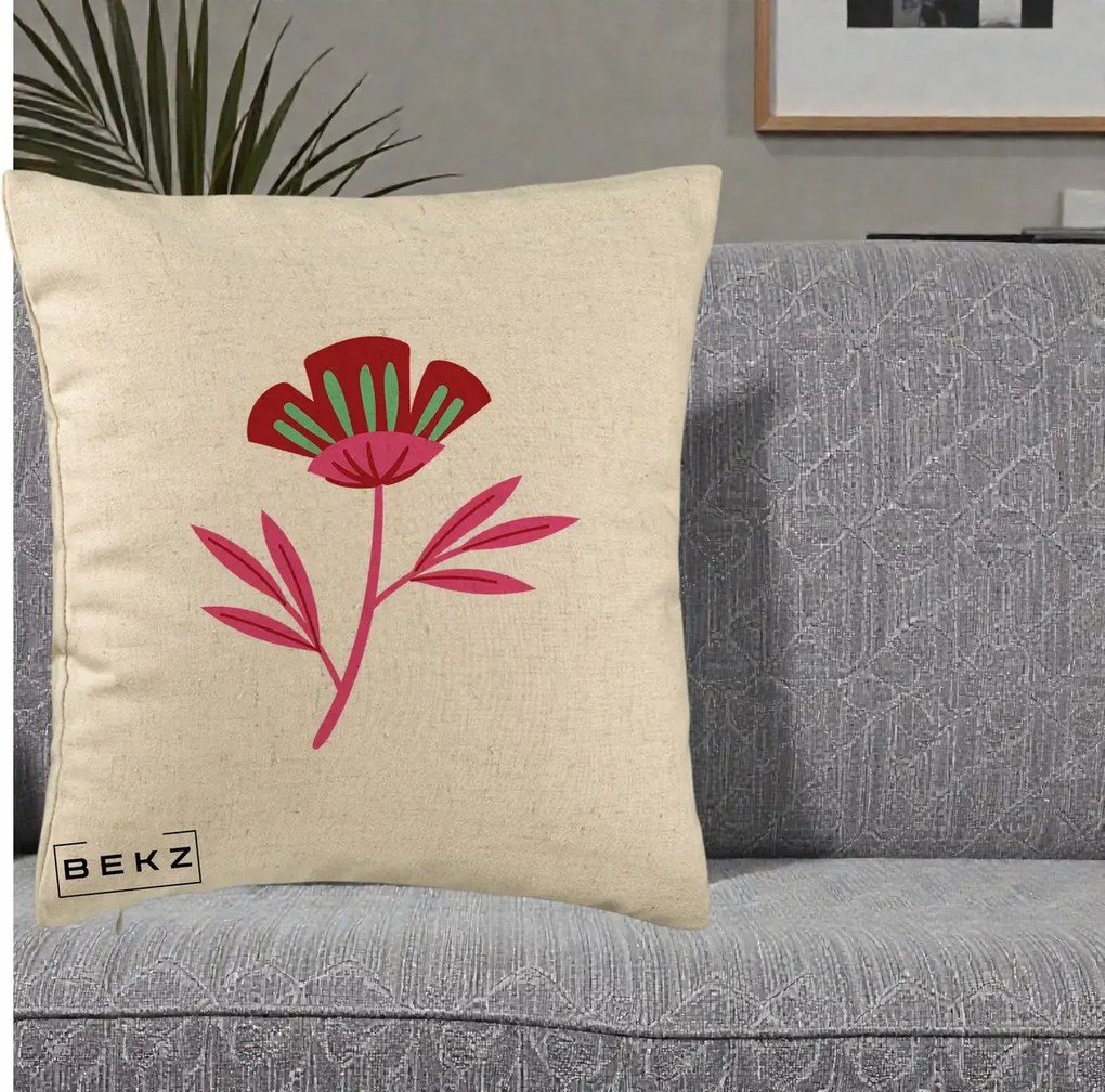 Perna Decorativa Floare Macul Roz-Rosu Grafic, 40x40 cm, Bej, Husa Detasabila, Perna Inclusa, BEKZ®