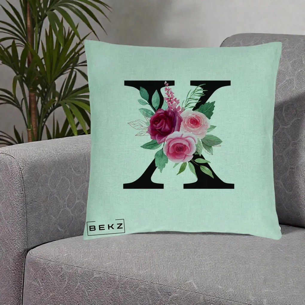 Cadou Personalizat - Perna Personalizata Monograma Florala Litera X cu Buchet, 40x40 cm, Verde Menta, Husa Detasabila, Perna Inclusa, BEKZ®