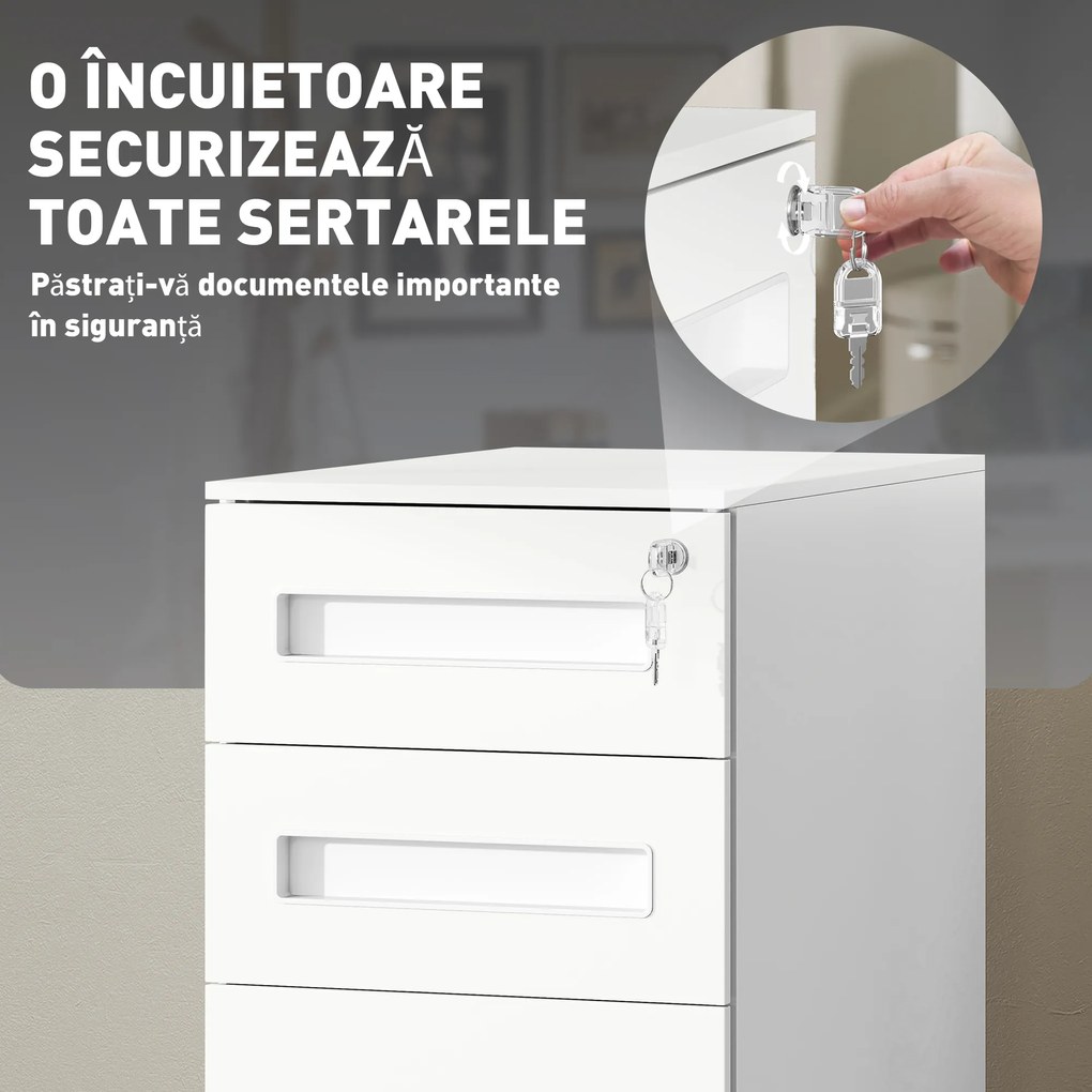 Vinsetto Dulap cu Sertare pentru Birou cu 5 Roți, 3 Sertare cu Încuietoare și Chei, 30x43.5x60 cm, Alb | Aosom Romania