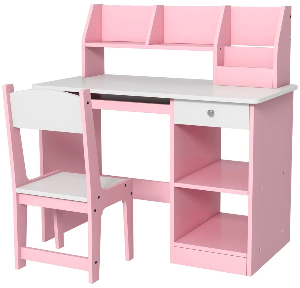 ZONEKIZ Birou copii cu scaun ergonomic cu sertar culisant pentru tastatură, nișe și rafturi deschise 90 x 45 x 90 cm roz | Aosom Romania