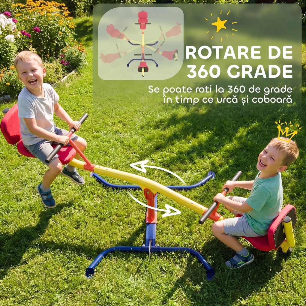 AIYAPLAY Balansoar pentru Copii Rotativ 360°, Capacitate 200kg, 2 Locuri cu Mânere Antiderapante, Scaune Capitonate, Spătar, Roți, 253x96x75 cm, 3-12 Ani | Aosom Romania