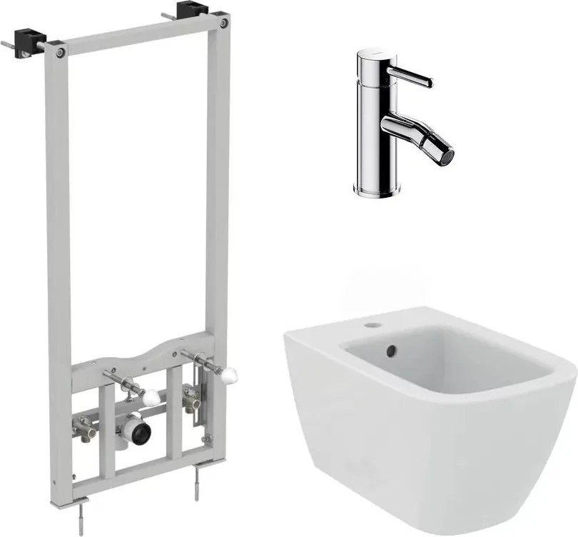 Pachet rama instalare Ideal Standard ProSys, bideu suspendat Ideal Standard I.life B alb si baterie bideu Omnires Y crom