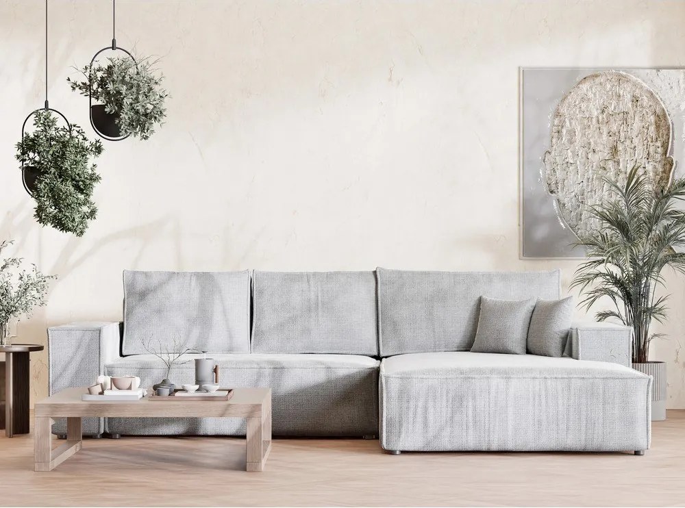 Colțar gri deschis extensibil/cu spațiu de depozitare cu tapițerie din chenille (cu colț pe partea dreaptă/cu șezlong) Maze – Maison de Rêve