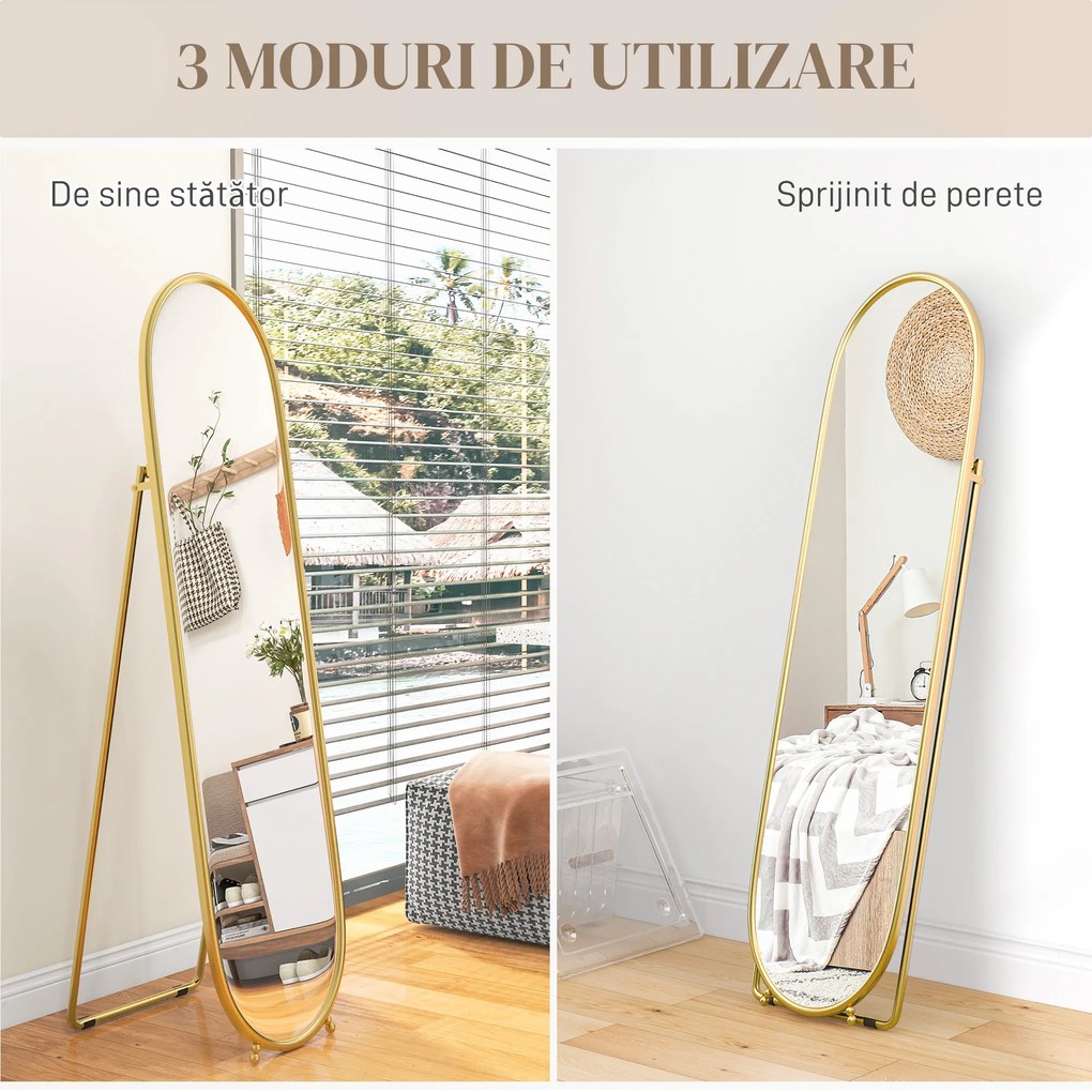 HOMCOM Oglindă Înaltă cu Cadru de Susținere, Oglindă Ovală pentru Dormitor sau Living, 40x4x160 cm, Auriu