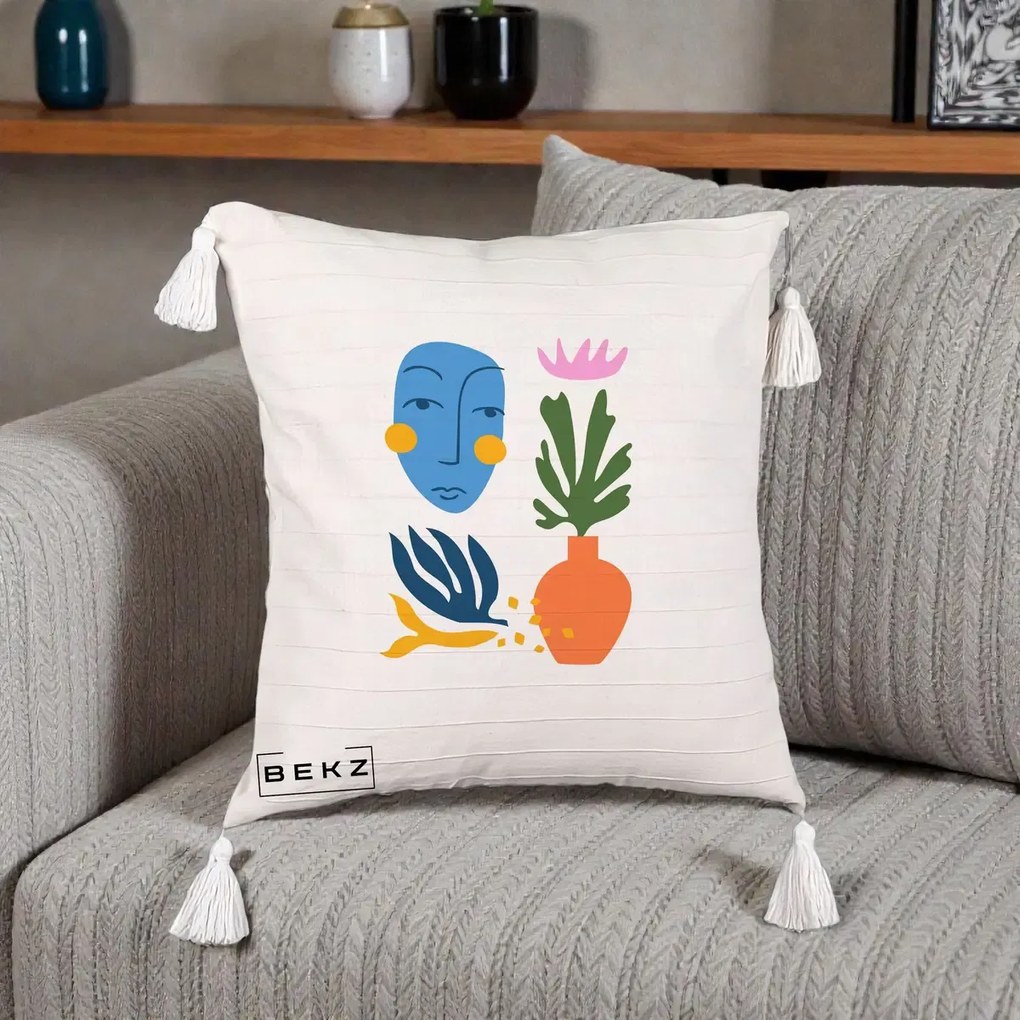 Perna Decorativa Masca Botanica Abstracta, 40x40 cm, Bej cu Franjuri, Husa Detasabila, Perna Inclusa, BEKZ®