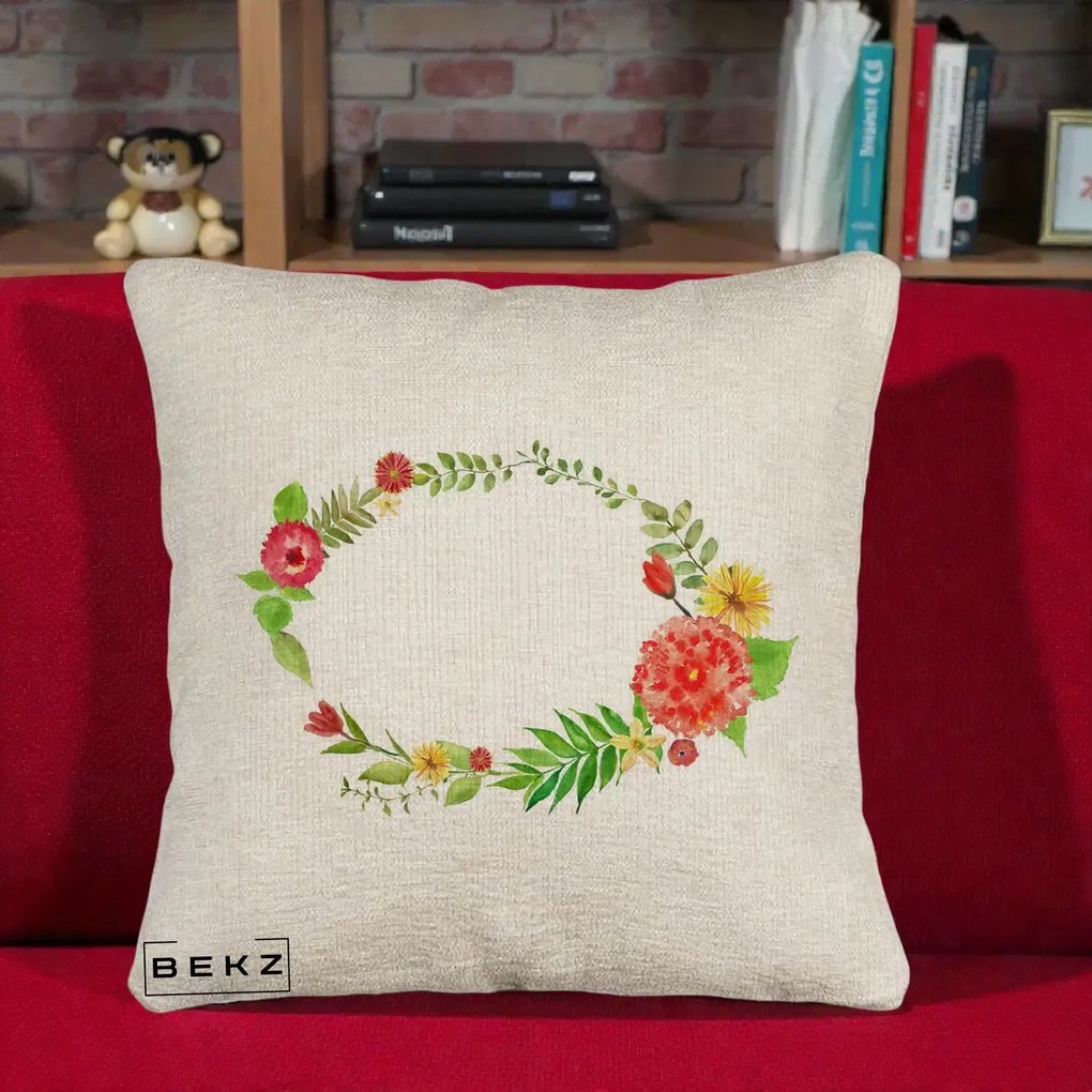 Perna Decorativa Coroana Florala Acuarela, 40x40 cm, Bej Canapea, Husa Detasabila, Perna Inclusa, BEKZ®