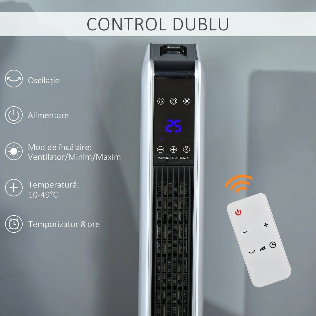 HOMCOM Încălzitor Electric Ceramic de 2200W cu 3 Moduri de Funcționare și Telecomandă, Alb | Aosom Romania