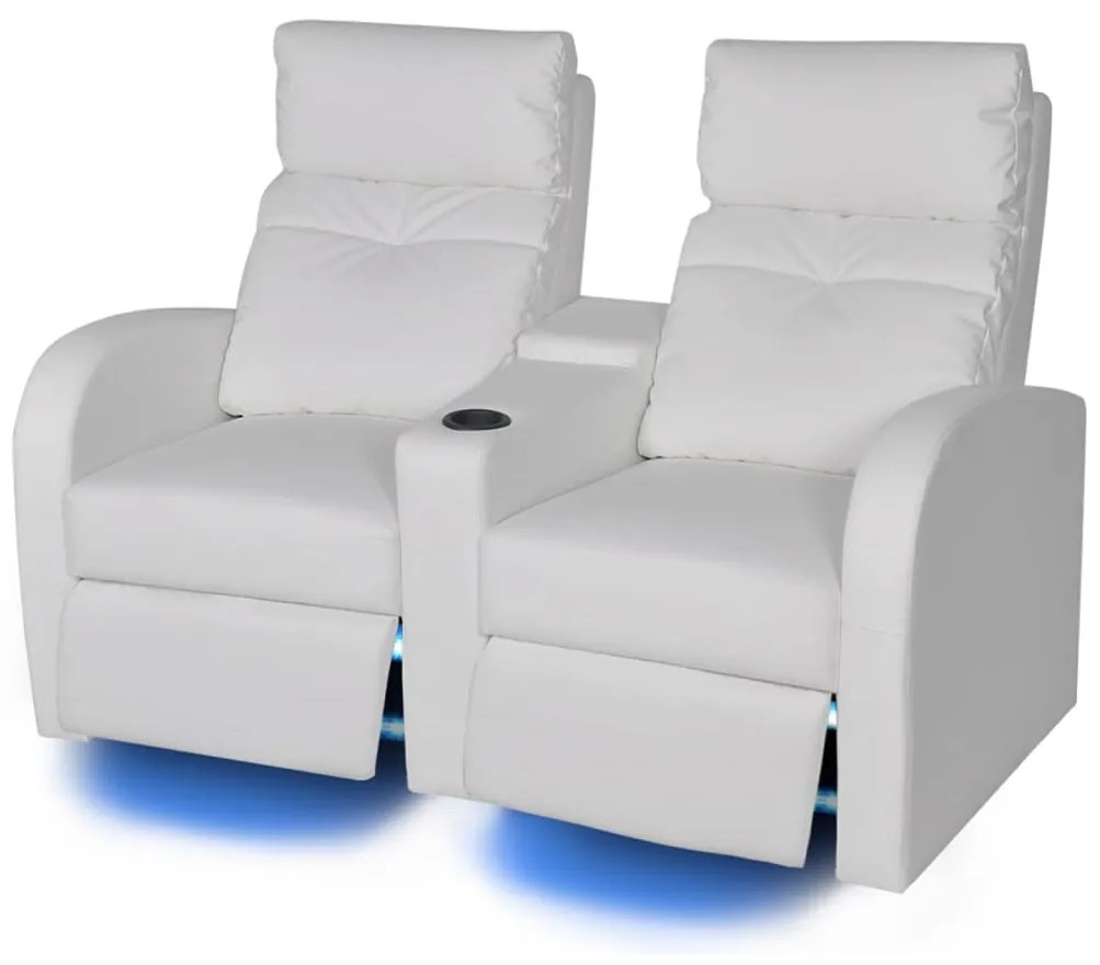 243595 vidaXL Fotoliu rabatabil cu 2 locuri, LED piele artificială alb