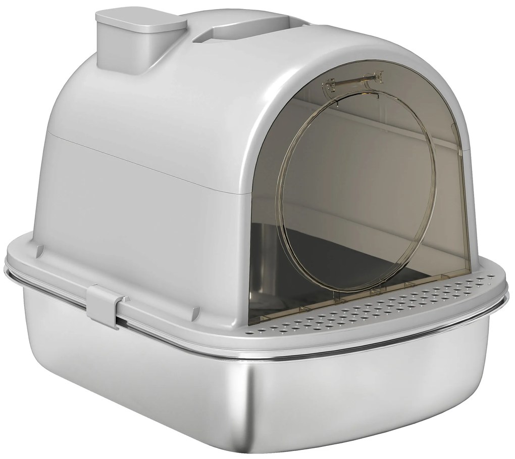 PawHut Litieră pentru Pisici din Oțel Inoxidabil cu Capac Sac Deodorizant Lopată Ușor de Curățat 52,4x41,3x39,9 cm Gri | Aosom Romania