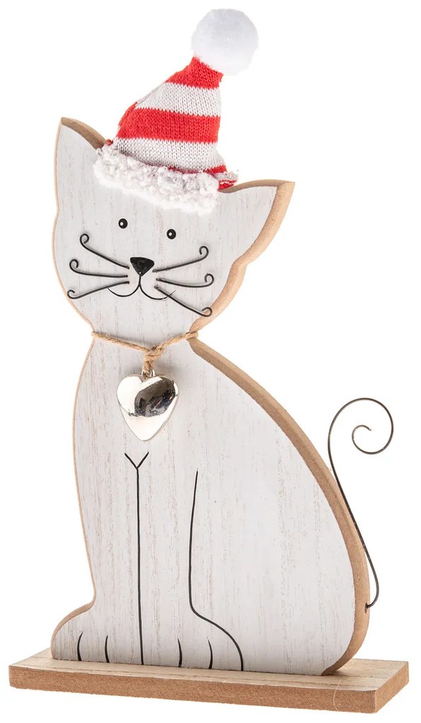 Pisică din lemn cu clopoțel și căciulă tricotată,29 cm