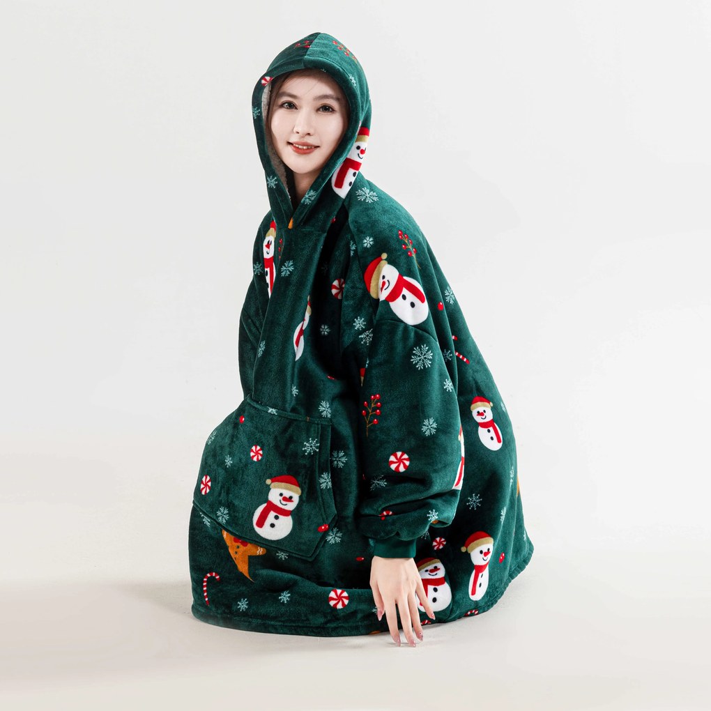 Patura hanorac cu maneci si gluga SNOWMAN AND GINGERBREAD verde