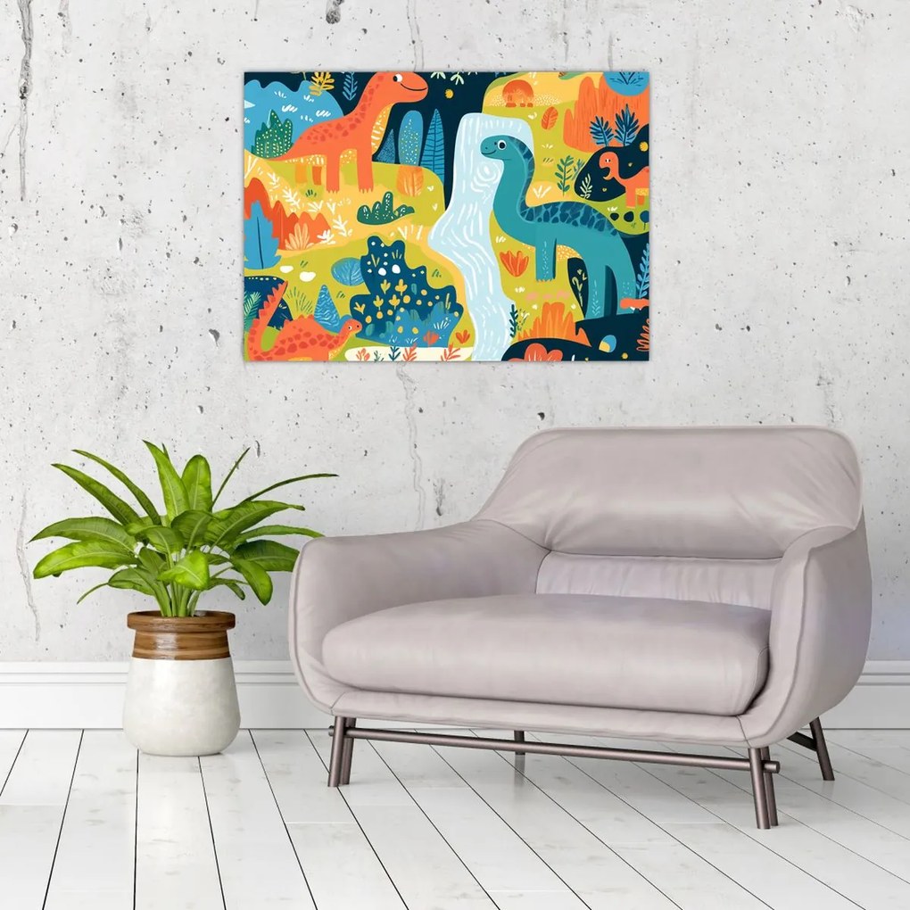 Tablou pe sticlă - Dinozauri veseli (70x50 cm)