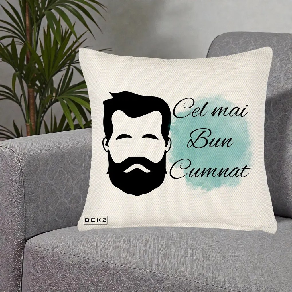 Cadou pentru Cumnat - Perna Personalizata Cel mai Bun Cumnat cu Portret Barbat si Pete Teal, 40x40 cm, Crem Reliefat, Husa Detasabila, Perna Inclusa, BEKZ®