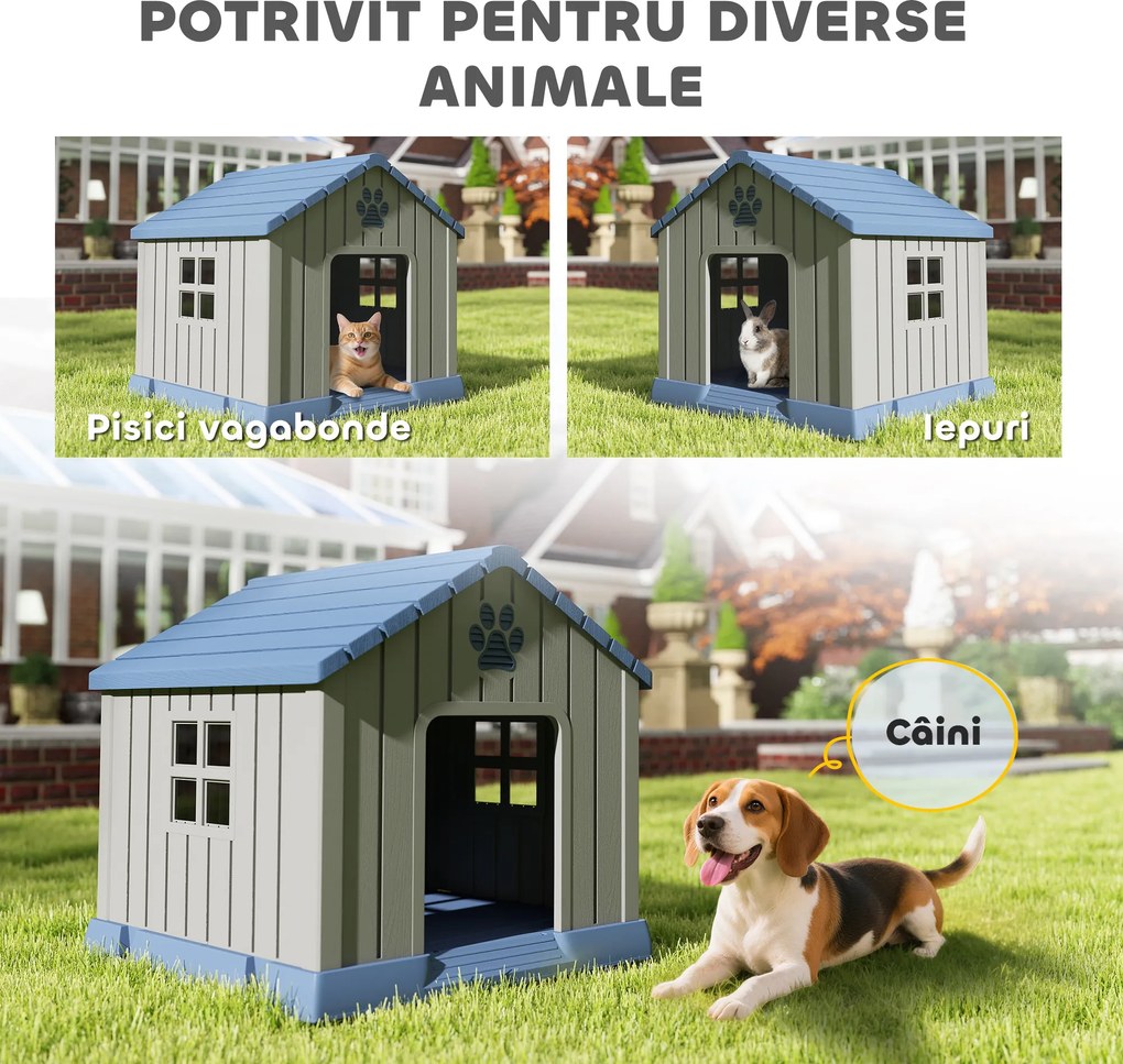PawHut Căsuță pentru Câini din Plastic pentru Exterior, Impermeabilă, pentru Câini de Talie Medie cu Bază Ridicată, Ferestre și Acoperiș pentru Grădină, Patio, Terasă, Casă și Interior, 85x79x82 cm, Gri | Aosom Romania