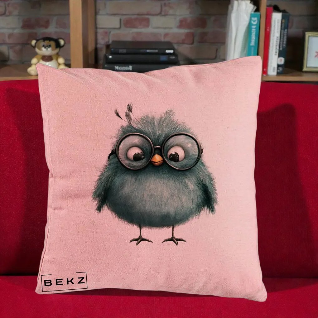 Perna Decorativa Pui Teal cu Ochelari Rotunzi, 40x40 cm, Roz, Husa Detasabila, Perna Inclusa, BEKZ®