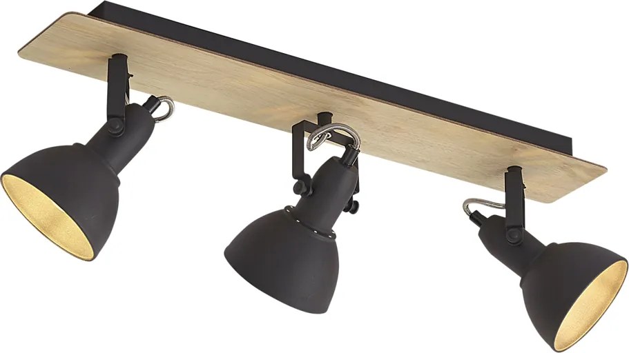 Spot de tavan negru cu lemn, cu 3 lumini, rotativ și înclinabil - Jakub