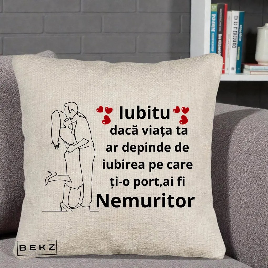Cadou pentru Iubit - Perna Personalizata Iubitu Nemuritor cu Cuplu Line-Art si Inimi Rosii, 40x40 cm, Bej Canapea, Husa Detasabila, Perna Inclusa, BEKZ®