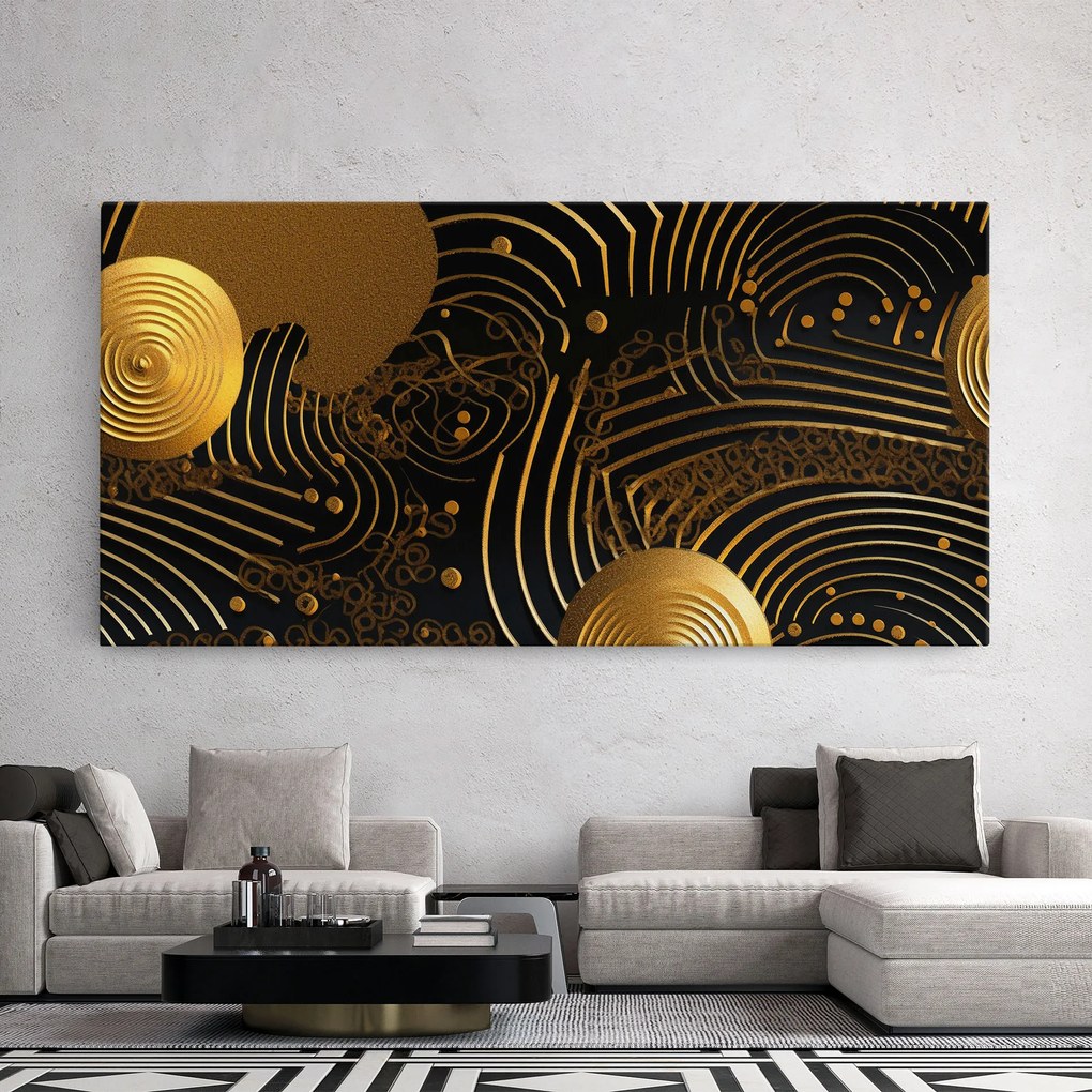 Tablou Canvas, 60x120cm, Dormitor si Living, Abstracte, Abstract cu linii, Gold Circle With Lines (2)