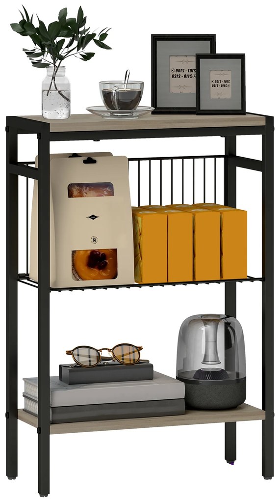 HOMCOM Masă auxiliară îngustă cu 3 nivele cu rafturi de depozitare, cadru din oțel, pentru sufragerie, dormitor, 43x18x62,5cm, gri | Aosom Romania