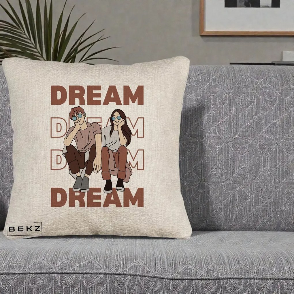 Perna Decorativa Dream Couple Aesthetic, 40x40 cm, Bej Canapea, Husa Detasabila, Perna Inclusa, BEKZ®