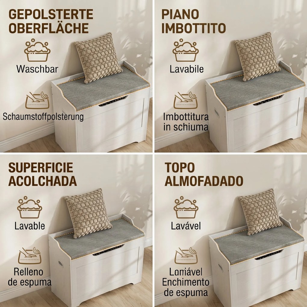 HOMCOM Bancă de Depozitare cu Pernă din Material Textil, Bancă Multifuncțională cu Balama de Siguranță, 75x40x56 cm, Alb | Aosom Romania