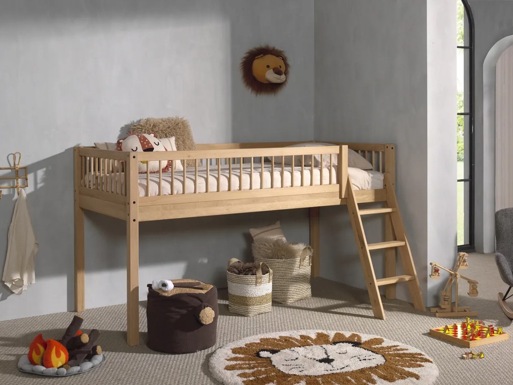 Pat Semi-Înălțat Forrest Oak pentru Camera Copii, 90x200 cm, cu Set Textil Inclus, din Lemn Masiv de Stejar, Natur – Vipack