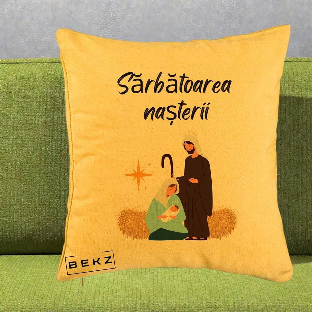 Perna Decorativa Nasterea Domnului Sfanta Familie Sarbatoarea Nasterii, 40x40 cm, Galben, Husa Detasabila, Perna Inclusa, BEKZ®