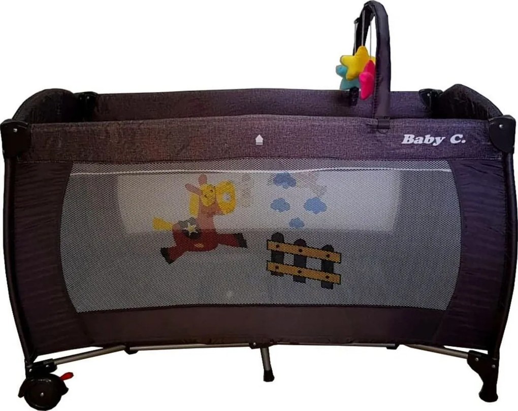 Patut Pliant NOVOKIDS™ Baby C, 120X60 cm, transforabil in Tarc Copii, 2 Niveluri, Masa infasat detasabila, Jucarii plus, geanta transport, Gri Jeans