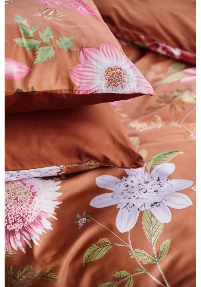 Lenjerie de pat din bumbac satinat pentru pat single Bonami Selection Blossom, 140 x 220 cm, maro teracotă