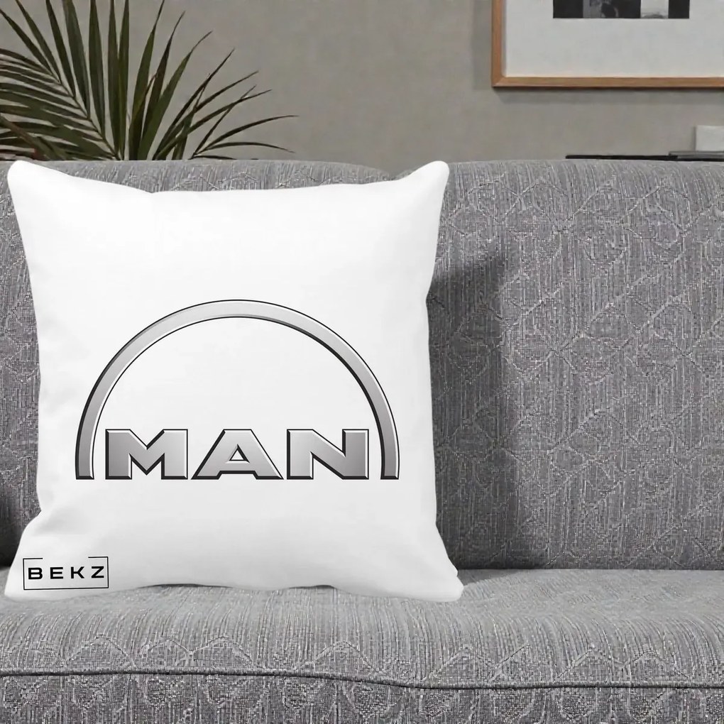 Perna Personalizata cu emblema MAN, 40x40 cm, Alba Mata, Husa Detasabila, Perna Inclusa, BEKZ®