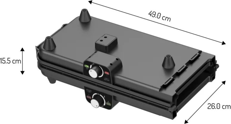 Grătar electric dublu pliabil Adler AD 6617, 3000 W, deschidere la 180°, 96 x 26 cm, plăci antiaderente, 2 termostate, tavă pentru grăsime, negru