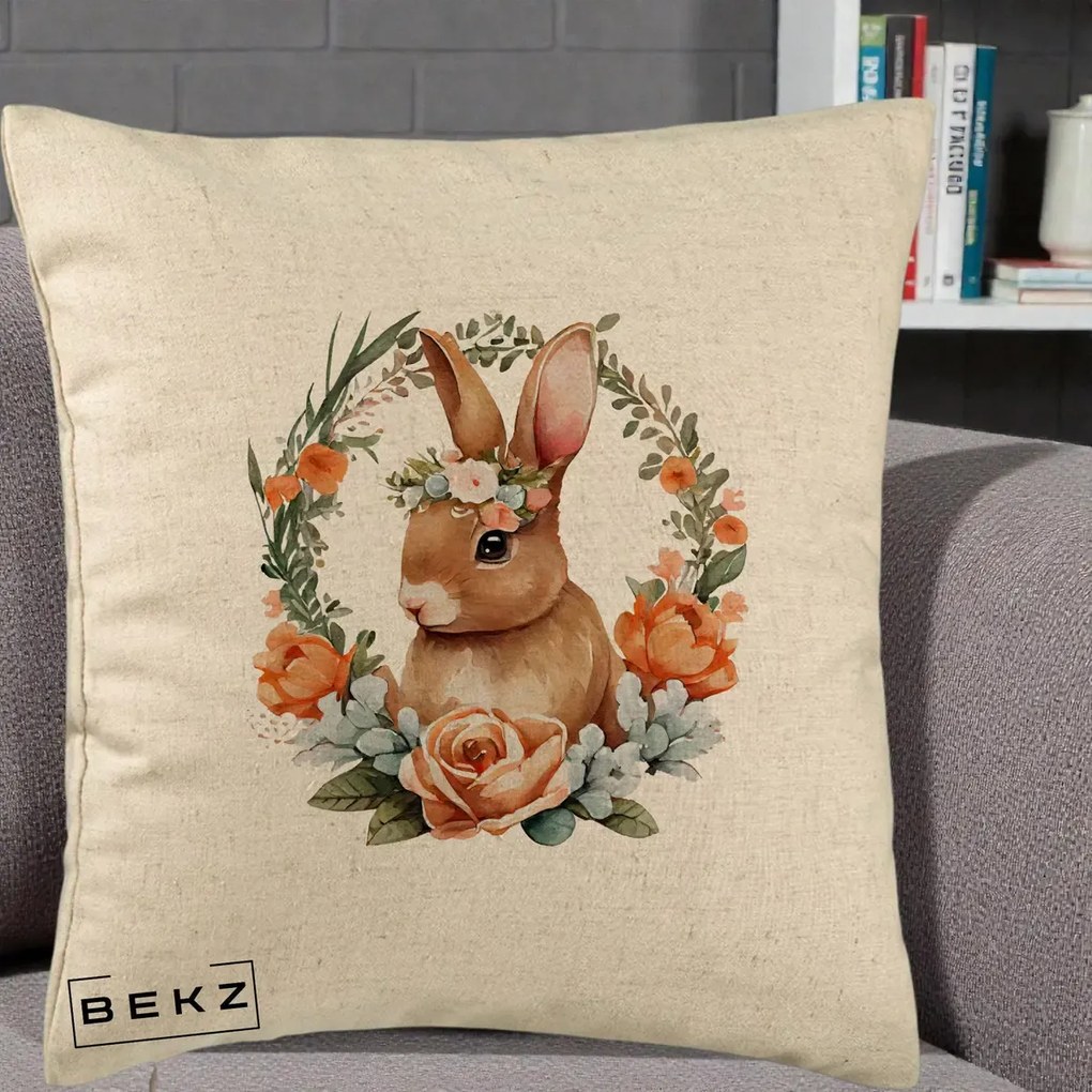 Perna Decorativa Iepuras Floral Coronita Acuarela, 40x40 cm, Bej, Husa Detasabila, Perna Inclusa, BEKZ®