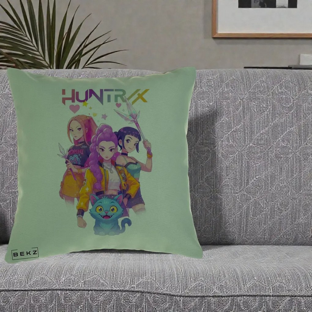 Perna Personalizata K-pop HUNTRX Trio Foto cu Pisica, 40x40 cm, Verde, Husa Detasabila, Perna Inclusa, BEKZ®