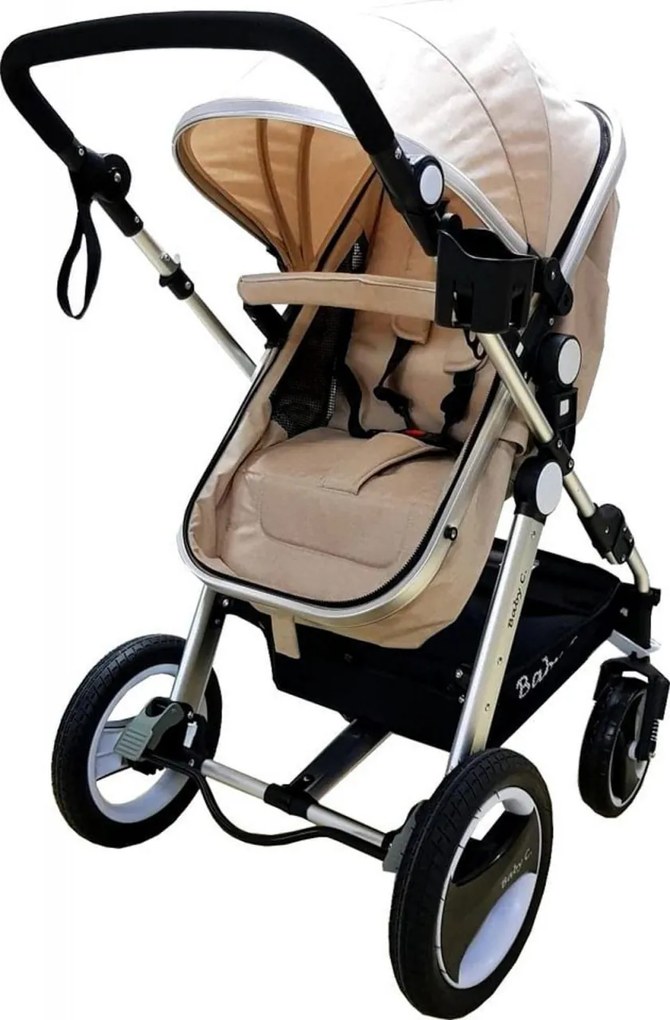 Carucior nou nascuti 2 in 1 Baby Care™ PRO S535, Cadru Aluminiu, roti din cauciuc plin,landou reversibil, Spatar reglabil in 3 trepte,Crem