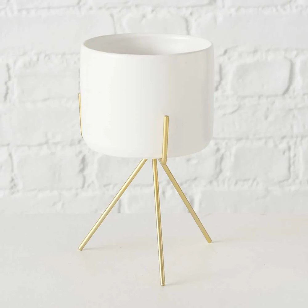 SUPORT GHIVECI, H 19 CM, CERAMICA/METAL, ALB/AURIU