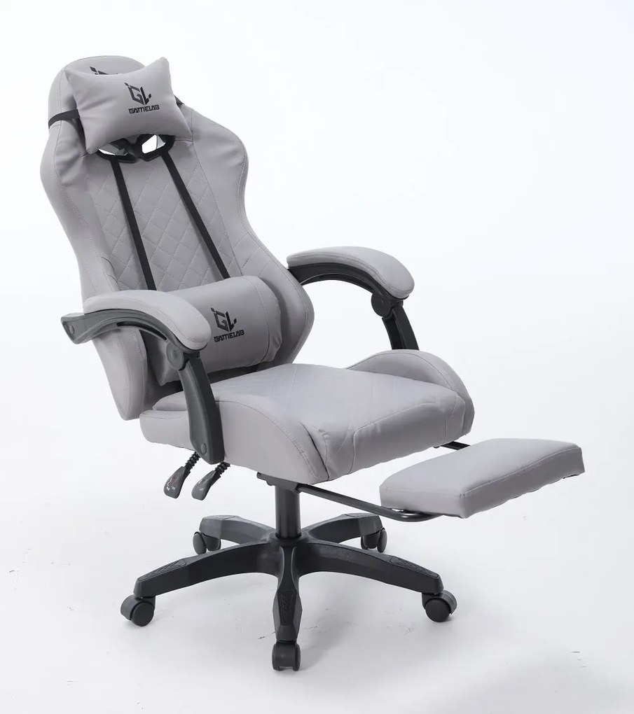 Scaun gaming, Masaj în perna lombară, suport picioare, piele PU, Gri