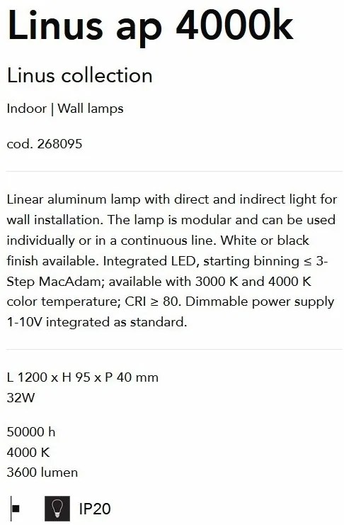 Aplica perete LED liniara 120cm ambientala LINUS AP 4000K WH
