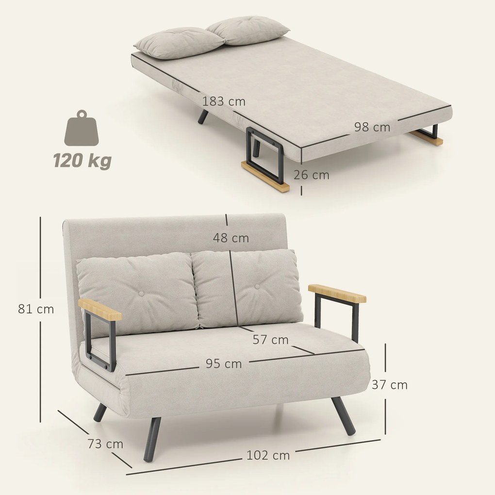 HOMCOM Canapea Pat de 2 Locuri cu Spătar Reglabil pe 5 Nivele și 2 Perne din Material Capitonat, 102x73x81 cm, Negru | Aosom Romania