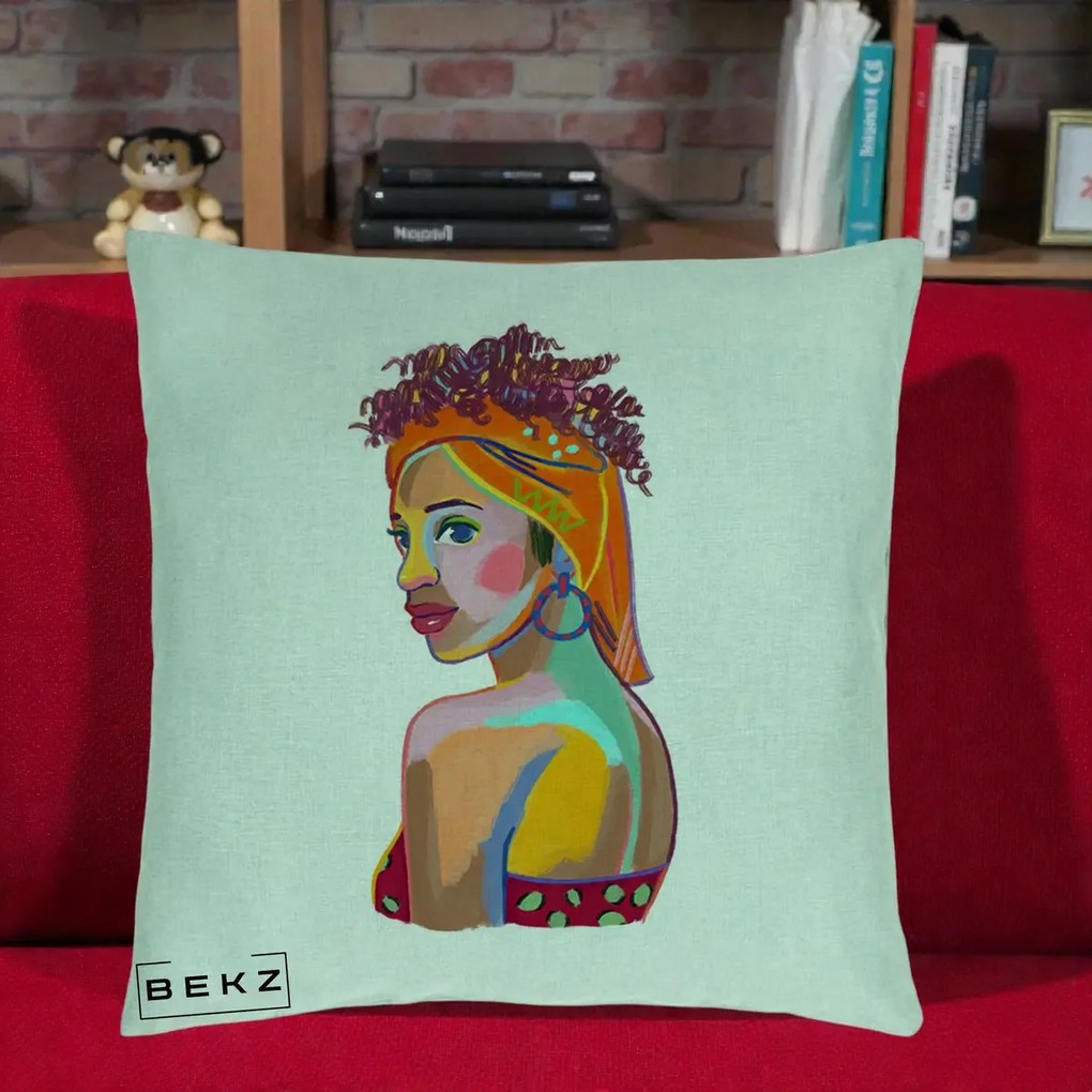 Perna decorativa Portret Femeie Colorat Pop Art, 40x40 cm cu Umplutura, Verde Menta, BEKZ