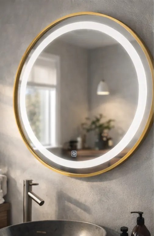 Oglinda LED rotunda 6918 Ø70 rama aluminiu aurie senzor tactil