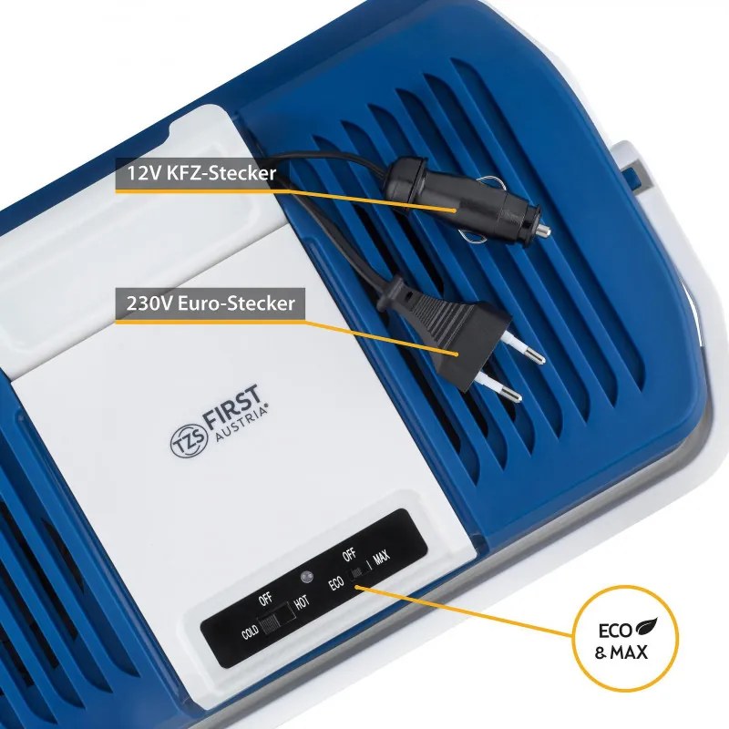 Lada electrica frigorifica First Austria FA-5170-4-BU, 58W, 24 l, Clasa E, 2 moduri, Separator intern, 12/220/240 V, Albastru/alb