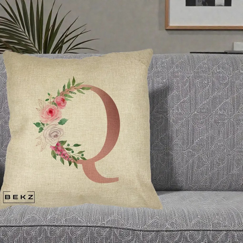 Cadou Personalizat - Perna Personalizata Monograma Rose Gold Litera Q, 40x40 cm, Crem, Husa Detasabila, Perna Inclusa, BEKZ®