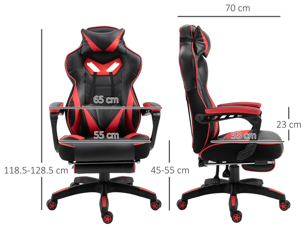 Vinsetto Fotoliu gaming Ergonomic, Fotoliu de birou confortabil cu Suport pentru picioare, Suport pentru cap și pernă lombară, Înălțime reglabilă, negru și roșu | Aosom Romania