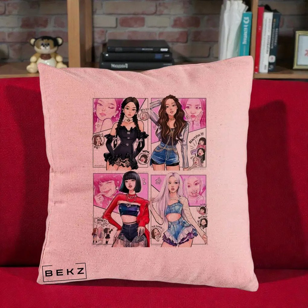 Perna Personalizata K-pop BLACKPINK Fanart Manga Benzi Desenate 4 Membre, 40x40 cm, Roz, Husa Detasabila, Perna Inclusa, BEKZ®